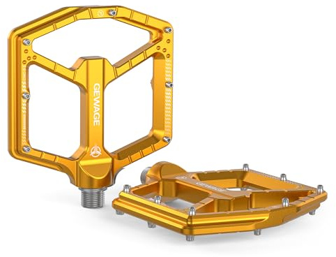 GEWAGE Pedaler MTB Pro Edition – CNC-bearbetad aluminium, Chromoly-axlar 9/16, 14 höjdjusterbara tänder, ultraslankt design utan lock, reservtänder & verktyg ingår (Guld)