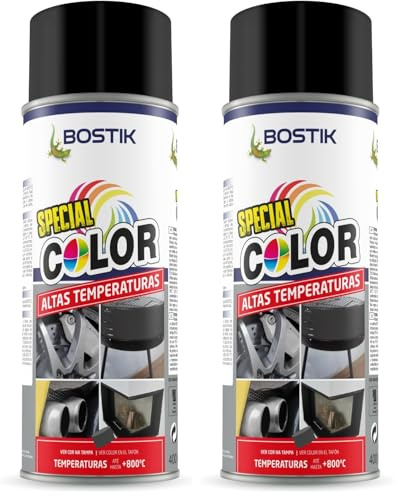 Bostik ALTAS TEMPERATURAS AT800 Negro, RAL 9005, Spray de Pintura, Acabado Mate, Hasta 800ºC, Seca en 5 Minutos, Alto Poder de Cubrición, Interior y Exterior, Bote 400 ml (Paquete de 2)