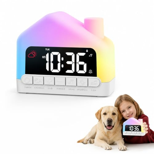 ZULESUK Kids Alarm Clock with LED Night Light, Sunrise Alarm Clock for Kids and Adults, 11 Colour Modes, Dual Alarms, Sleep Trainer Grow Clock, 13 Melodies, Child Lock, Type-C Powered