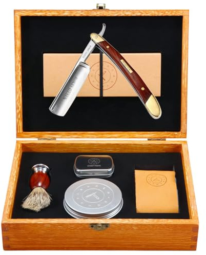 Naked Armor Solomon Straight Razor Kit - Professional Shave Ready Straight Razor Shaving Kit for Men - Japanese Carbon Steel Straight Edge Razor with Brush, Strop & Soap in Wood Gift Box (Brown)