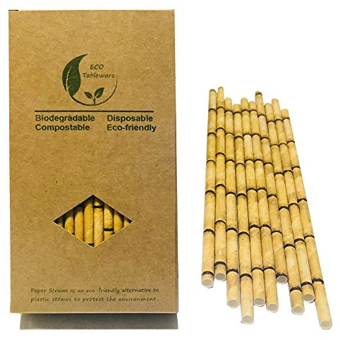 Disposable Yellow Bamboo Paper Drinking Straws, 100 Counts Biodegrabale Yellow Bamboo Printed Straw for Party Cocktail Decoration