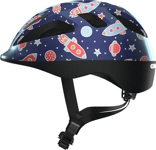 ABUS Kinderhelm Smooty 2.0 - Robuster Fahrradhelm für Kleinkinder im Beifahrersitz - für Mädchen und Jungen - Blau mit Raktenmuster, Größe S