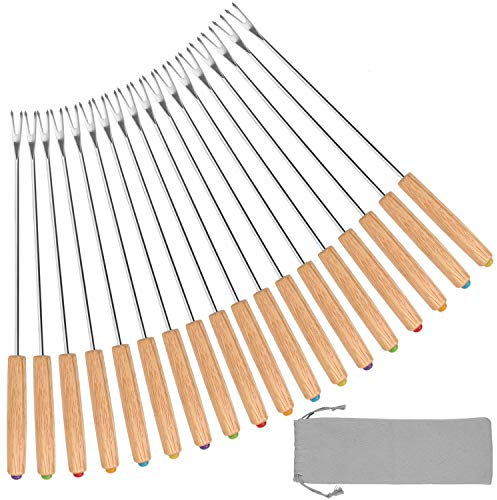 18 Pcs Stainless Steel Fondue Forks with Oak Wood Handle Heat Resistant, Color Coding Cheese Chocolate Fountains Skewers Marshmallow Roasting Sticks, 9.5inch