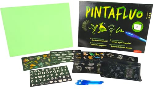 JUEGACONMIGO PINTAFLUO Pizarra Mágica Infantil. Dibuja con luz a Doble Cara y Doble Grosor. Incluye 2 bolígrafos, 10 Plantillas y Tinta Invisible. (Tamaño A3)
