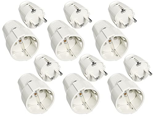 ABSINA 6x Schuko Stecker und Kupplung 230V - PVC Schukostecker Schukokupplung mit Zugentlastung, 2-polig, 230V, 16A & 3,7kW - IP20 Schutzkontakt Stecker & Schuko Kupplung weiß für Innenbereich