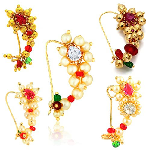 Radhna Maharashtrian traditionell pärla tempel smycken marathi banu Nathiya näsring för bröllop kvinnor flickor design kombo guld pressnål icke-piercad (5 st) -NATH COMBO-144