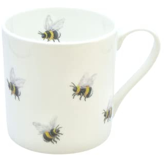 ROCK THE HOME Bees Straight Sided Mug – White Fine English Bone China Cup, Made and Hand Decorated in England, Dishwasher and Microwave Safe, for Coffee Tea Latte Americano (10 fl oz, 295 ml)