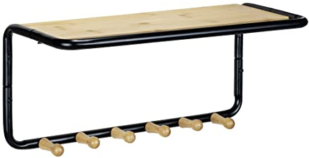 WENKO Wandgarderobe Loft, Hängegarderobe im Industrial-Design aus Metall, Ablagefläche aus FSC®-zertifiziertem Bambus, mit 6 Haken, Nutzung von Kleiderbügeln möglich, 58 x 26 x 26 cm, Schwarz/Natur