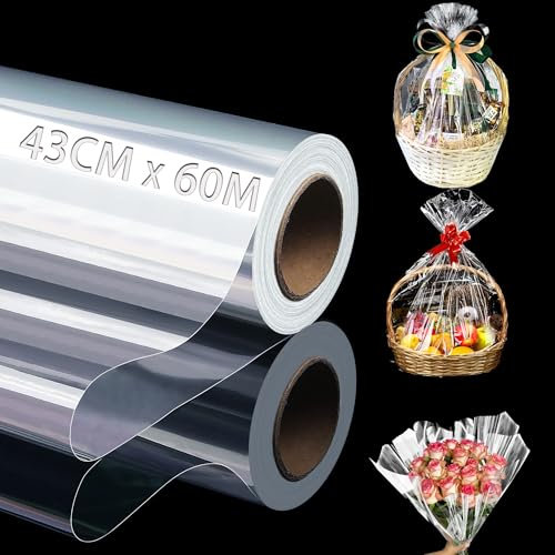 Ziamzra Cellophanfolie 43cmx60m Geschenkfolie Transparent Durchsichtiges Geschenkpapier 2.5 Mil Klarsichtfolie Geschenkfolie Folie Geschenkpapier Transparent 60m für Hochzeit Blume Süßigkeiten
