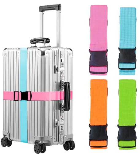 MOLHEM Juego de 4 correas para maleta, correas de equipaje reforzadas gruesas y resistentes, correas ajustables para maleta de viaje (azul, rosa, naranja y verde)
