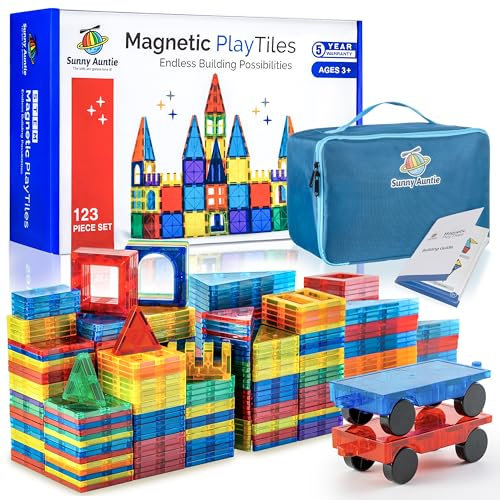 Magnetic Tiles 123 PCS (XL SET), Magnetic Tiles for Kids, Toy for 3 4 5 6 7 8 Year Old Boys & Girls, Building Blocks Set, Great Gift for Kids Aged 3-8, Gift Box, + Bonus Zippered Carrying Case