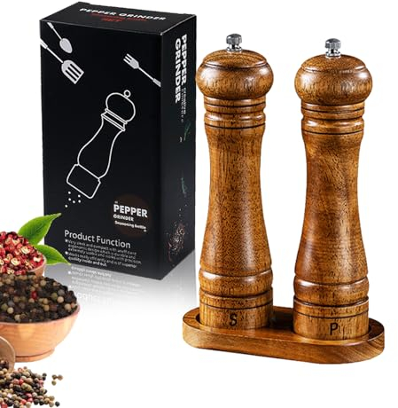 2er Salz und Pfeffermühle Holz,Pfeffer und Salzmühle Holz Mit Untersetzer,Gewürzmühlen Set groß mit Verstellbarem Keramikmahlwerk für Gewürze Pfeffer Salz(21CM)