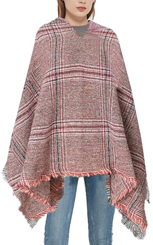 crazy bean Poncho para Mujer Cape Poncho con Capucha Plaid Cape Punto Chal Holgado para Otoño Invierno