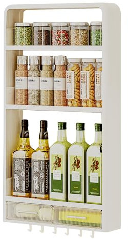 YCBTREE 3-Stufiges Gewürzregal Hängend, Hängeschrank Küche, Badezimmerschrank Hängend, Wandschrank Hängend mit Schublade& 6 Haken, Großes Fassungsvermögen