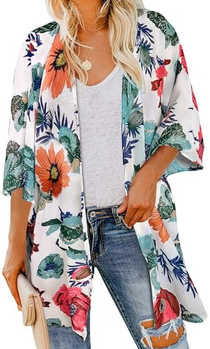 florynova Kimono for Women Summer Cardigans Open Front Swimsuit Cover Up Hawaiian Beach Shirts(White Flower,XL)