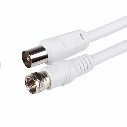 TECHZOCO Cable Antena-satelite, Cable TV Sat 75 Ohm, Conector RF coaxial Macho a Conector Tipo F Macho, Sat Freesat Sky Virgin BT TV HDTV DVB DVD Radio/Coax, 70 dB, Blanco, 1.50 Metros