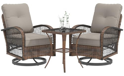 EROMMY 3 Pieces Patio Furniture Set, Outdoor Swivel Rocker Patio Chairs, Wicker Patio Bistro Set with Rocking Chair, Thickened Cushions and Glass Coffee Table for Backyard, Garden, Grey