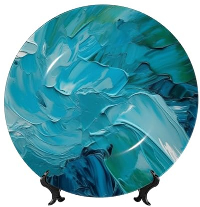 DDTKLSNV Blue Oil Paint Texture Bone China Decorative Plates, 10in Ceramic Decorative Plate With Display Stand Dinner Plates Art Crafts Ceramic Ornaments Wall Decor For Home Office Table Decor