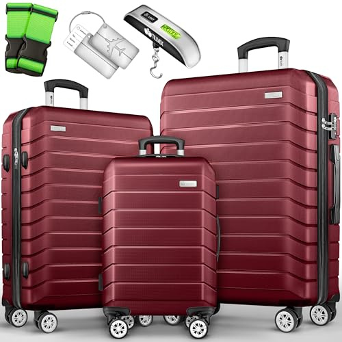 tillvex® Reisekoffer Set 3-TLG. + Gepäckwaage, 3X Koffergurte & 3X Kofferanhänger | Kofferset 4 Rollen | Trolley Gepäck Koffer TSA Schloss | Rollkoffer Hartschalenkofferset M-L-XL (Rot)
