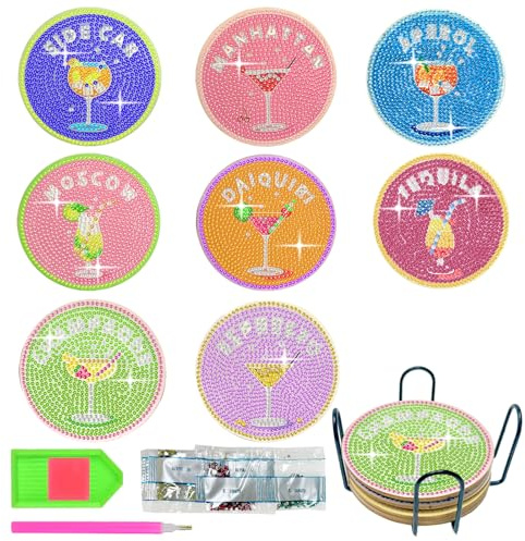 Sottobicchieri Diamond Painting, 8 Pezzi Kit di Sottobicchieri per Pittura con Diamanti per Adulti, DIY Cocktail Sottobicchier with Holder, Kit Artistico con Diamanti