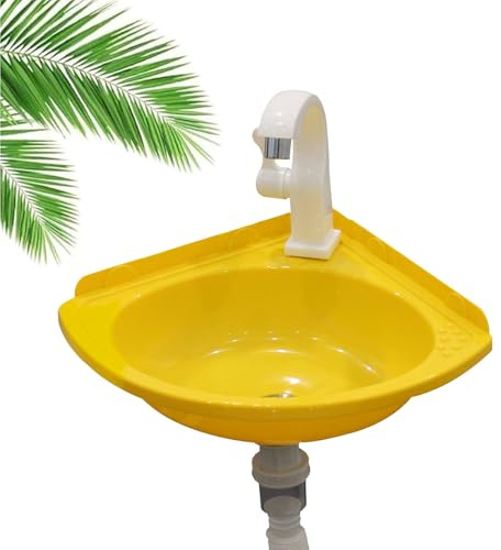 Évier d'angle compact – Lavabo de salle de bain mural en plastique avec kit de vidange et robinet – Mini évier pour sous-sol et toilettes – Design peu encombrant