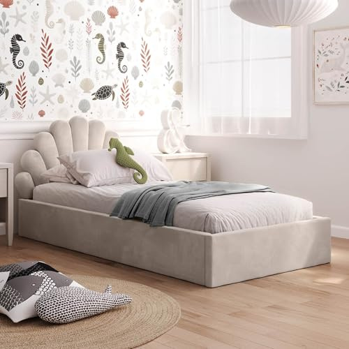 Kids Collective Kinderbett Polsterbett 90x200 cm Stauraumbett Kinder Bett Jugendbett mit Lattenrost & Metallrahmen | Bettkasten mit Gasdruckfedern, Kopfteil in Muschelform | von 4 bis 18 J | Beige