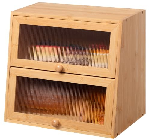 HollyHOME 2-Layer Bamboo Bread Bin with Acrylic Striped Window,Countertop Double Decker Large Capacity Bread Storage Box for Kitchen,Trapezoid 2 layer