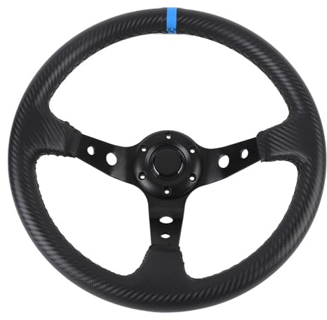 SIXRUN Volante Sportivo Universale 14 Pollici in Fibra di Carbonio con Pulsante Clacson per Adattatore a 6 Fori Telaio in Alluminio in Pelle PU (BLUE)