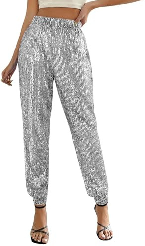 Pantalon Femme Sequin Disco Métallisé Brillant Pantalon Taille Haute Elastique Scintillantes Chic Élégant Pantalons Femme Large Style Rétro Décontracté Pantalons Pour Disco Club Soirée Cocktail