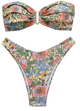 SOLY HUX Women's Floral Bikini Set Strapless Bandeau High Cut Bathing Suit Boho Summer Two Piece Swimsuit Multicolor Floral Small