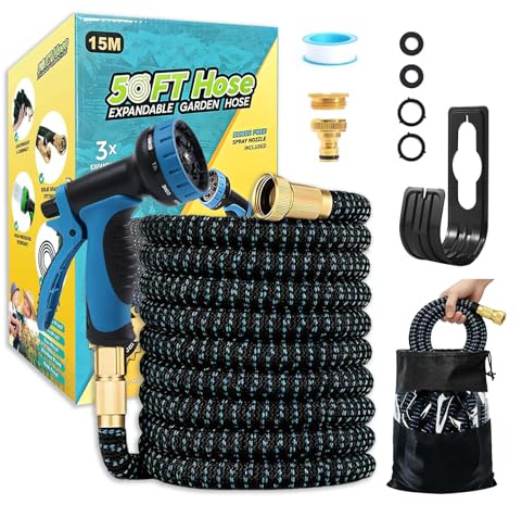 Manguera Jardin Extensible 15M/50ft, Manguera Extensible con Pistola Rociadora de 10 Funciones, Garden Hose, Con 3/4 1/2 Conector, Flexible y Antienredos, para Jardín, Terraza, Huerto (15M/50ft)