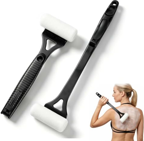 Applicateur Crème Dos, Applicateur de Lotion pour le Dos 46,5 cm Pliable avec 2 Rouleaux Mousse, Manche Long Noir pour Crème Solaire, Autobronzant, Corps, Douche, Jambes et Pieds