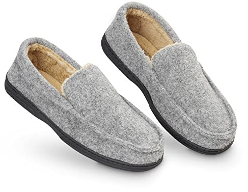 DUNLOP Moccasin Slippers Men with Memory Foam & Faux Sheepskin Lining - Comfortable Indoor Outdoor Loafers with Non-Slip Rubber Sole for House Wear
