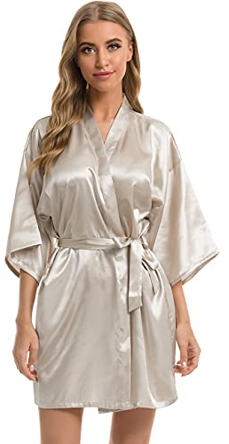 Vlazom Kimono Robe Damen Morgenmantel Kurzer Satin Bademantel Mit Gürtel V-Ausschnitt Kimono(M,Silberner Champagner)