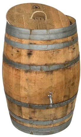 Temesso Regentonne mit Deckel, Regenfass Holzfass, Weinfass, Tonne, Eiche 225 Liter Wasserfass - original Fass (Deckel Kordel/Seilgriff + Wasserhahn)