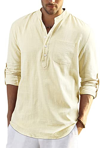 Enlision, Camisa de lino de manga larga para hombre con cuello Henley y botones, estilo casual, hawaiana de color liso, para interiores, playa, hippie, Albicoque., L