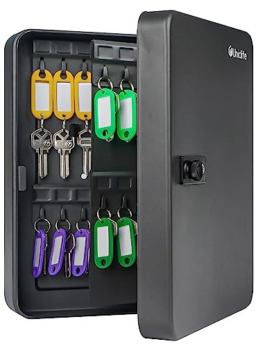 Uniclife 60 Position Key Cabinet with Combination Lock Resettable Black Digital Security Storage Box Steel Key Organizer with Colorful Key Tag Labels Stickers and Hooks