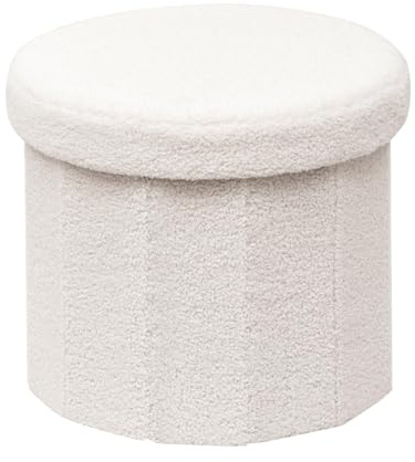 Bonlife Cream Boucle Ottoman with Storage,Foldable Footstool for living room,Toy Chest,Storage Seat Teddy Round Shape Footrest,38X38X33.5cm