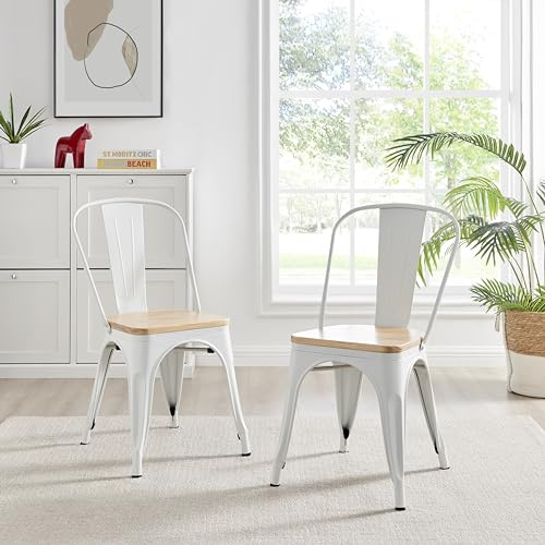 Furniturebox UK Colton 2x White Metal Dining Chairs with Solid Wood Seat for Kitchen Or Dining Room Tolix Inspired Steel Stackable Lightweight Retro Bistro Industrial Dining Furniture Set of 2 Chairs