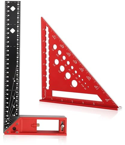 FEETE Juego de ángulos de carpintero,regla triangular de 180mm+transportador de ángulos de 300mm, regla angular multifuncional de aluminio de 45 y 90 grados para bricolaje, carpintería (rojo) L Rafter