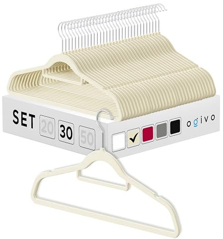 OGIVO Samt Kleiderbügel - 30er Set - rutschfest Bügel für Ihren Garderobe - kleine Stange für Krawatten - Haken um 360° drehbar - Einkerbungen im Schulterbereich - Hangers Clothes (Beige)