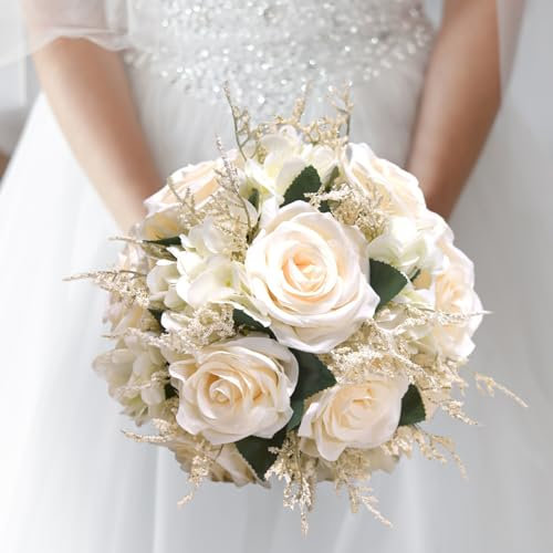 Bouquets de mariage pour la mariée, fleur Fleurs de mariage artificielles de 9,1 pouces Bouquet de mariée blanche pour la mariée, bouquet de rose artificiel, bouquet de fleurs avec ruban de soie pour