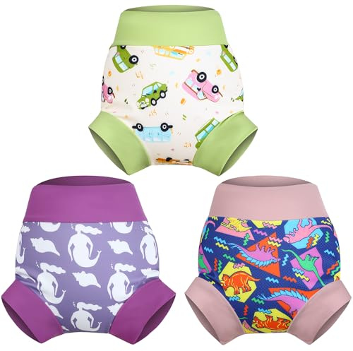 MOEMOE BABY Återanvändbara badblöjor, babysimblöja, vattentät blöja för pojkar och flickor, 3 paket, sjöjungfrur + bilar + dinosaurier, 3–4 år