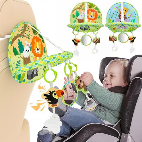 Dr.Rapeti Double-sided Car Seat Toy, Rear Facing Car Seat Toy, Play and Kick for Travel, Easier Drive for Newborn, Adjustable Activity Arch with Baby Mirror and Plush Doll