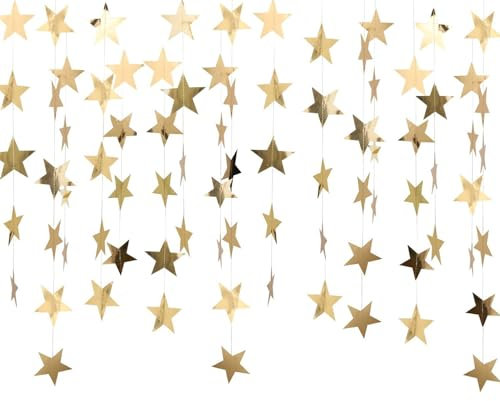 52 Feet Reflective Star Paper Garland, Glitter Gold Star Bunting Banner Hanging Decorations Sparkling Little S/tar Garland Streamer for Birthday Wedding Baby Showers Christmas Party Decorations