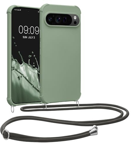 kwmobile Crossbody Case Compatible with Google Pixel 9 / Pixel 9 Pro Case - TPU Silicone Cover with Strap - Gray Green