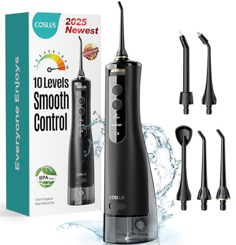 COSLUS Munddusche Kabellos Testsieger 2025: 10 Stufen Stufenlose Elektrische Regelung Steuerung IPX7 Wasserdicht Tragbar Wiederaufladbar für Oral Health Enthusiasten Tägliche Pflege und Reisen E40