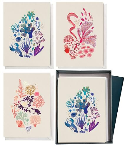 Elena Essex Lot de 12 cartes vierges et enveloppes 300 gsm avec finition en feuille dorée/intérieur vierge pour toutes les occasions avec boîte cadeau 9,5 x 13 cm (Océan)