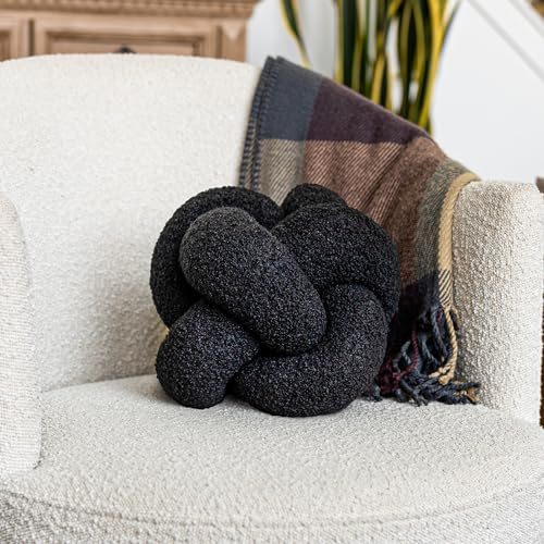 SAMIAH LUXE Charcoal Black Teddy Boucle Knot Pillow Ball 12, Permanently Stitched Knotted Decorative Throw Pillow, Natural Kapok Fill, Round Accent Pillow for Couch Sofa Bed, Boho Home Decor