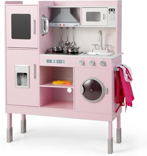 FANTASK Cocina infantil con 16 accesorios de juego, cocina de juguete para niños a partir de 2 años, cocina de madera con campana extractora, máquina de hielo, teléfono y lavadora, rosa (83 x 29 x 103